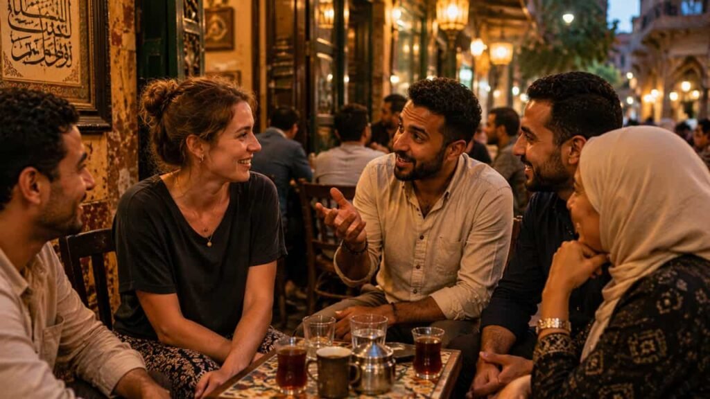Foreign student talking with Egyptian friends in a Cairo café while sharing conversation and cultural experiences.