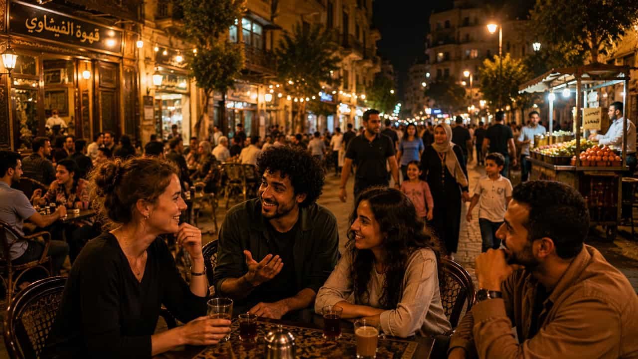 People enjoying conversation at a Cairo café late in the evening while families and friends gather in a lively neighborhood.